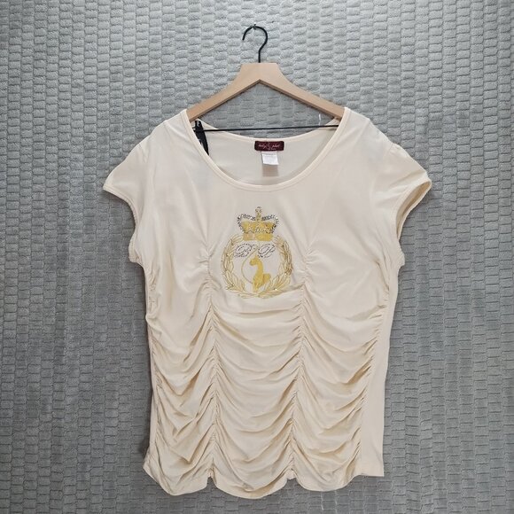 Vintage Y2K Baby Phat-Baby Doll Tee-Cap Sleeves-Ruching-Gold Crown Cat-2X - Picture 1 of 8